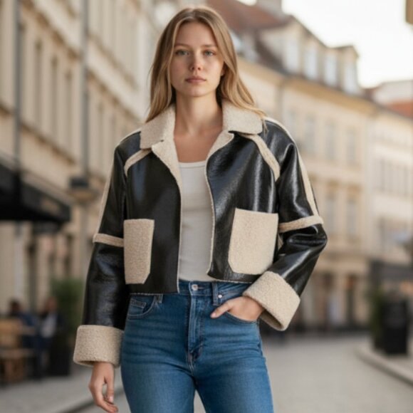 NWT STEVE MADDEN Faux Shearling Trim Faux Leather Jacket Oversized - Picture 1 of 13